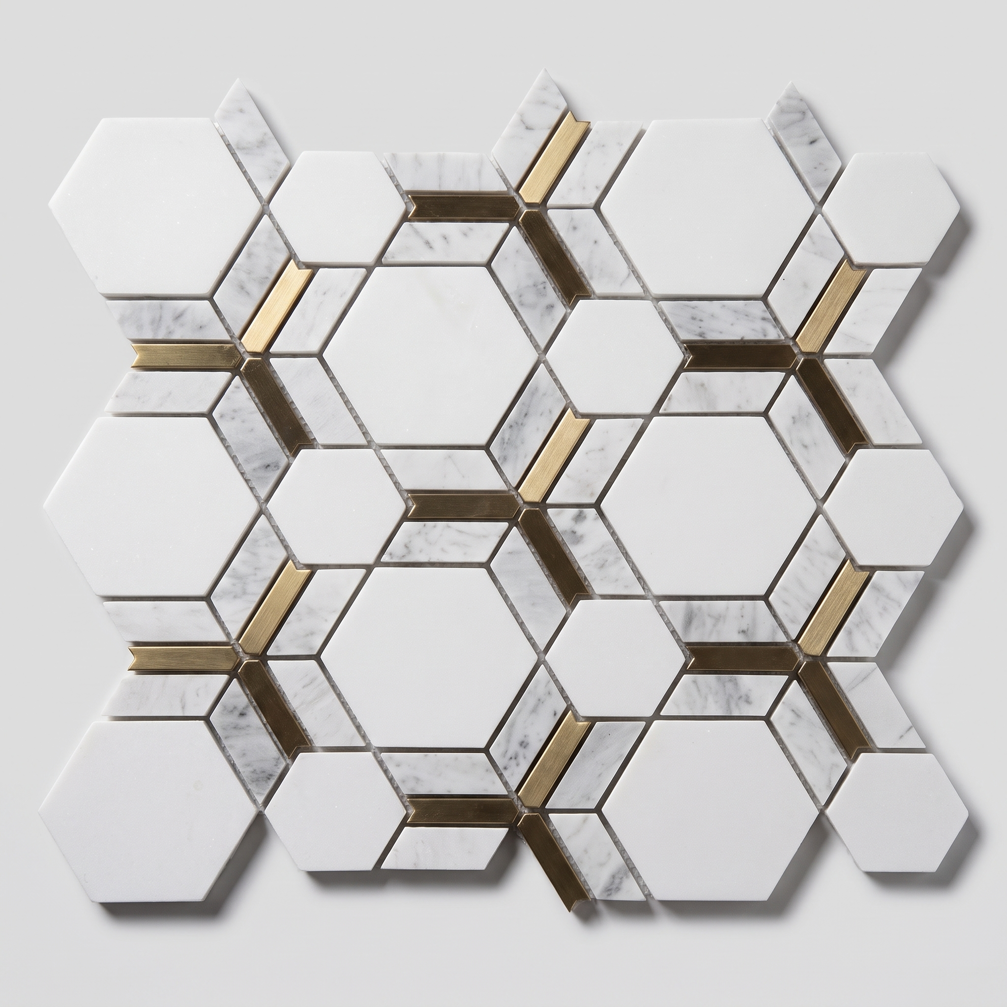 Marmormosaik Toulon mit Aluminium Hexagon‑Design, 250×330×8 mm